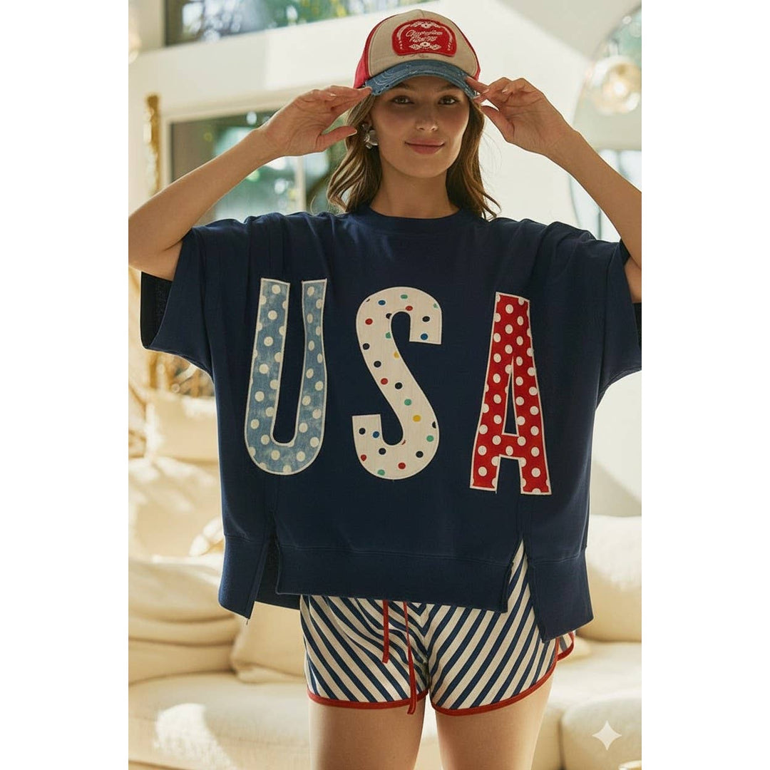 Women's Short Sleeve - 4th Of July Polka Dot Usa Lettered Patch Work Top - SMALL - Cultured Cloths Apparel