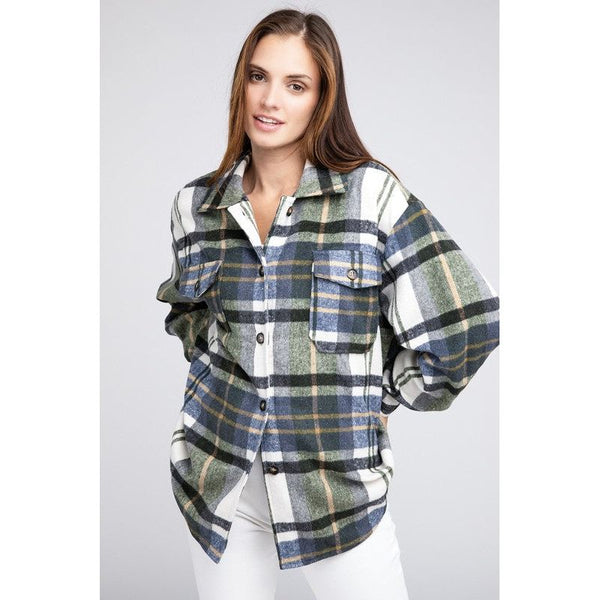 Women's Long Sleeve - Textured Shirts With Big Checkered Point - OLIVE MULTI - Cultured Cloths Apparel