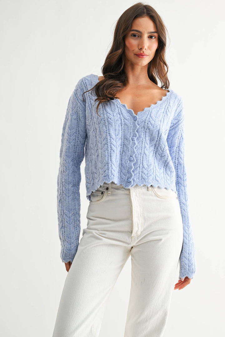 Women's Sweaters - Scallop Hem Cable Knit Cardigan - - Cultured Cloths Apparel