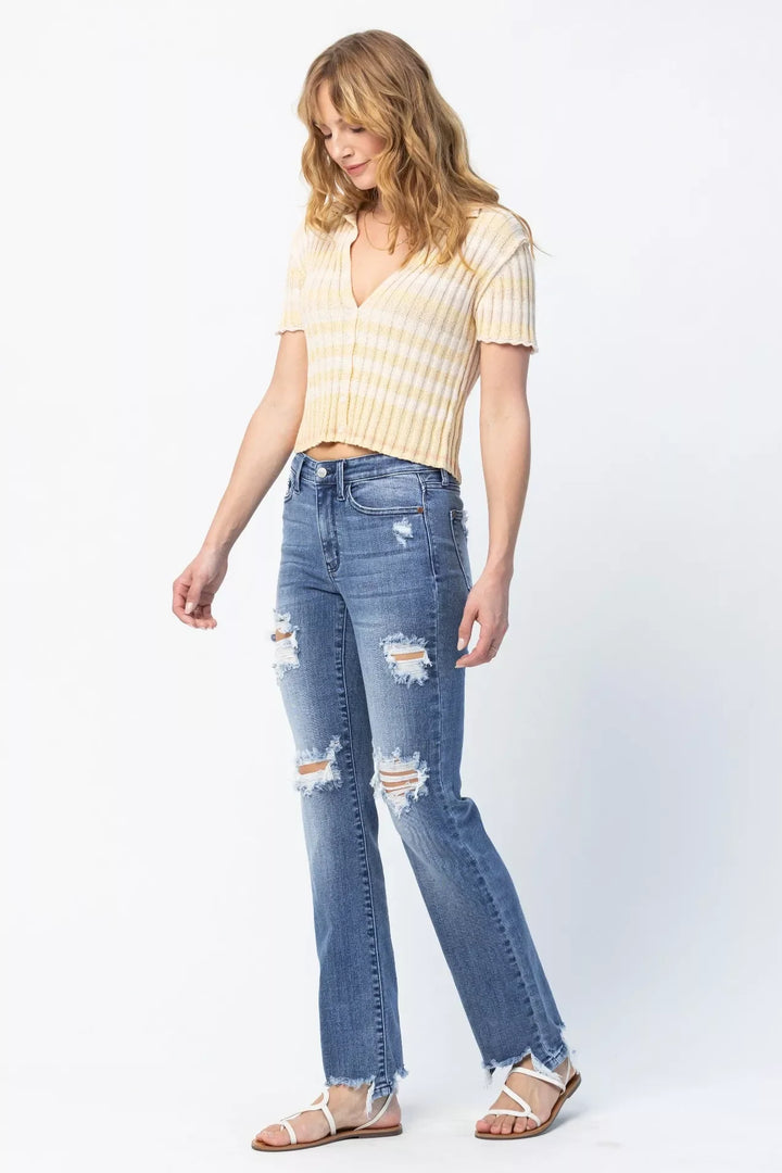 Denim - Judy Blue Full Size Mid Rise Destroy Straight Jeans Plus Size - - Cultured Cloths Apparel