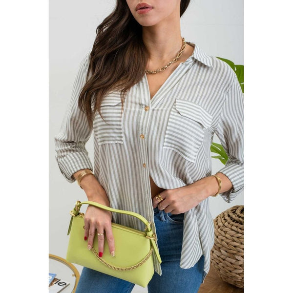 Women's Long Sleeve - Striped Lightweight Woven Top - Olive - Cultured Cloths Apparel
