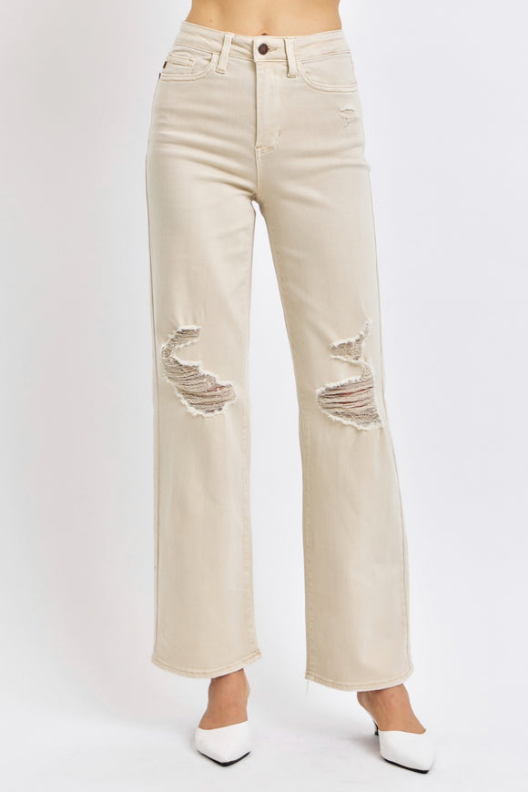 Denim - Judy Blue Full Size High Waist Distressed Wide Leg Jeans - BONE - Cultured Cloths Apparel