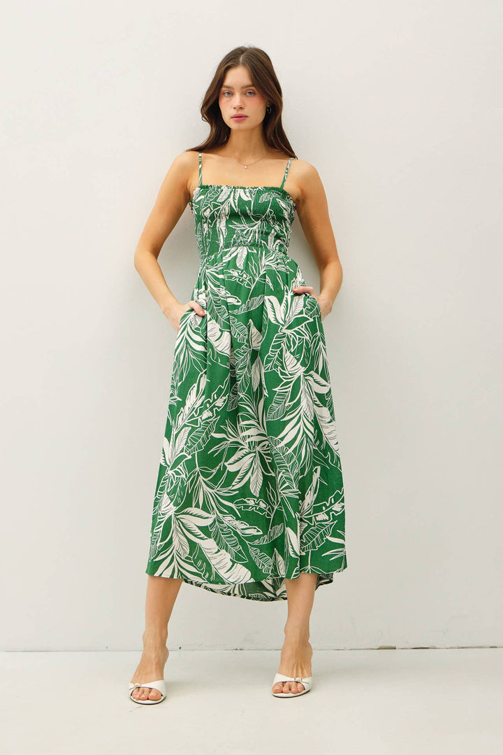 SMOCKED PRINTED MIDI DRESS