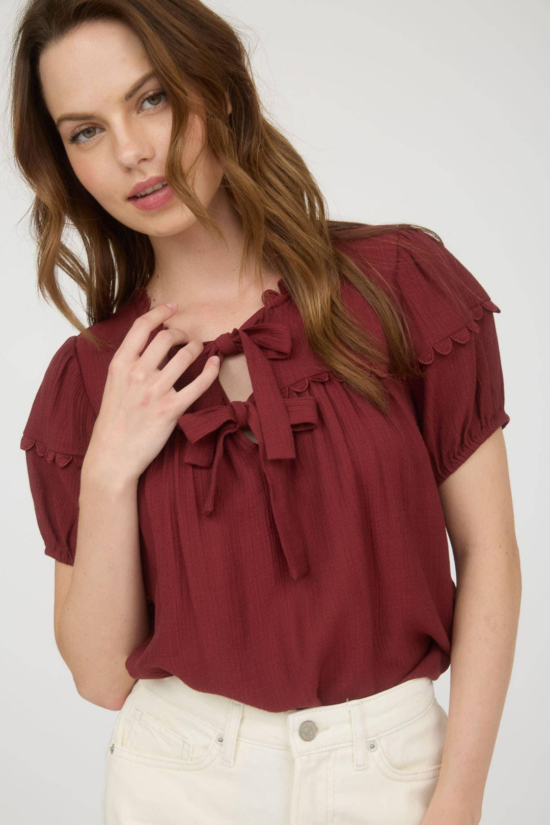 Women's Short Sleeve - SCALLOP TRIM FRONT TIE DETAIL PUFF SLEEVE TOP - - Cultured Cloths Apparel