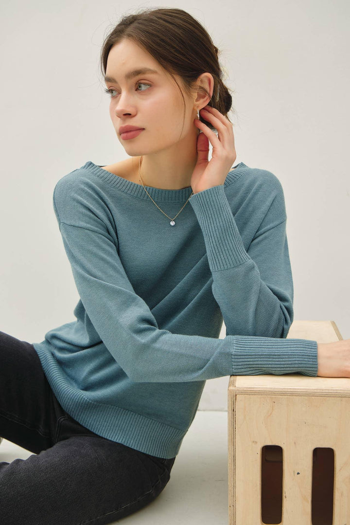 WOOL BLENDED ULTRA SOFT BOAT NECK BASIC SWEATER