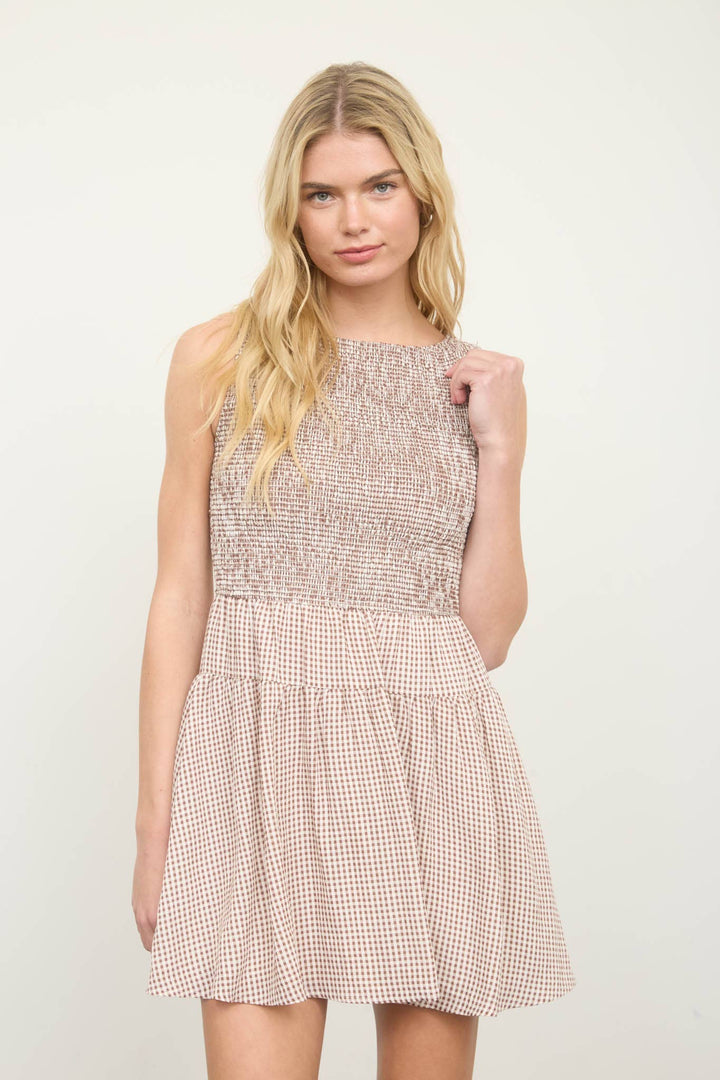 Dresses - GINGHAM SLEEVELESS SMOCKED MINI DRESS - - Cultured Cloths Apparel
