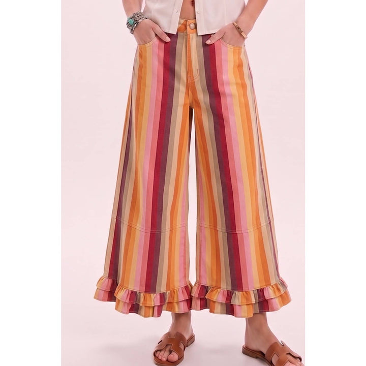 Pants - Ruffle Multicolor Stripe Washed Rupple Wide Leg Denim - S-M-L-XL(2-2-2-2) - Cultured Cloths Apparel