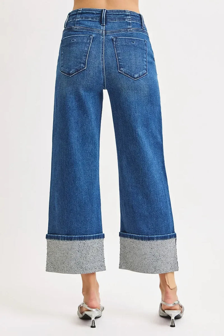 Denim - RISEN High Rise Ankle Wide Rhine Stone Cuffed Jeans - - Cultured Cloths Apparel