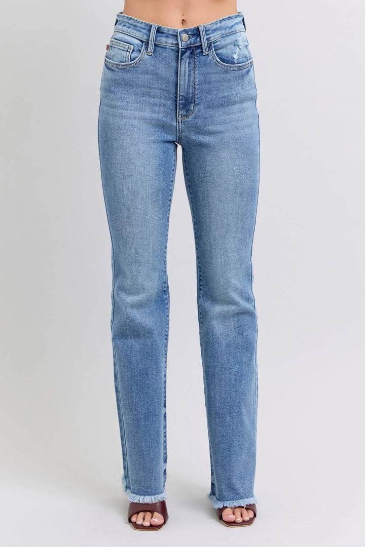 Denim - Judy Blue Full Size Raw Hem High Rise Bootcut Jeans - - Cultured Cloths Apparel