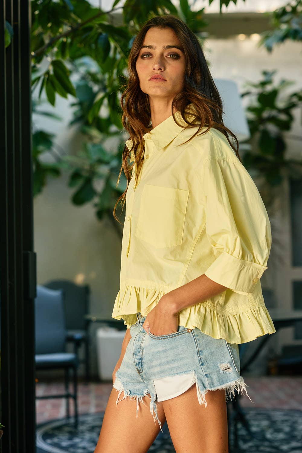 Women's Short Sleeve - Ruffled Hem Solid Poplin Blouse Shirt Top - - Cultured Cloths Apparel