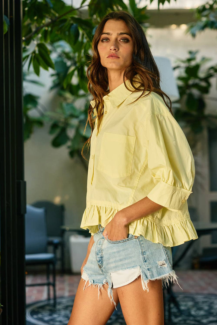 Women's Short Sleeve - Ruffled Hem Solid Poplin Blouse Shirt Top - - Cultured Cloths Apparel