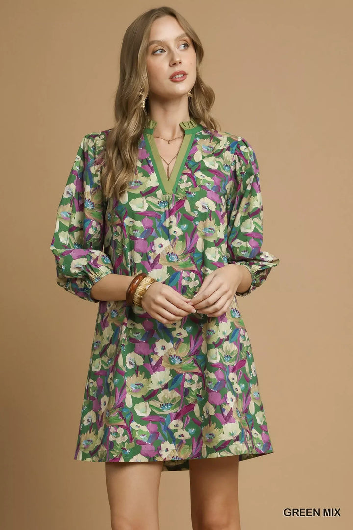 Women's Dresses - Umgee Boho Floral Balloon Sleeve Mini Dress - GREEN MIX - Cultured Cloths Apparel