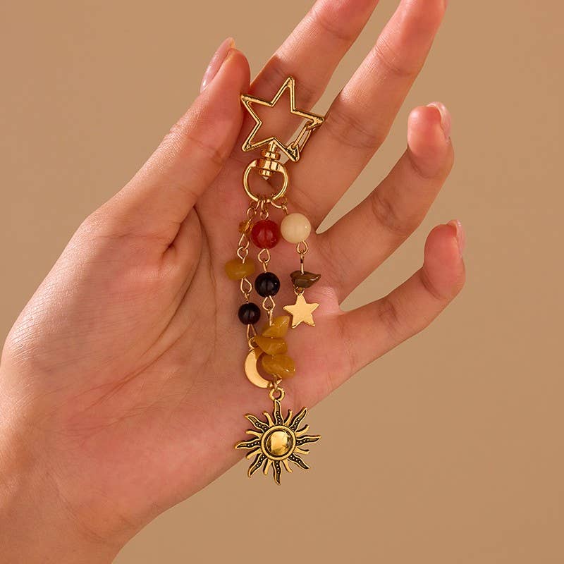 STAINLESS CELESTIAL SUN MOON STAR BEADED KEYCHAIN