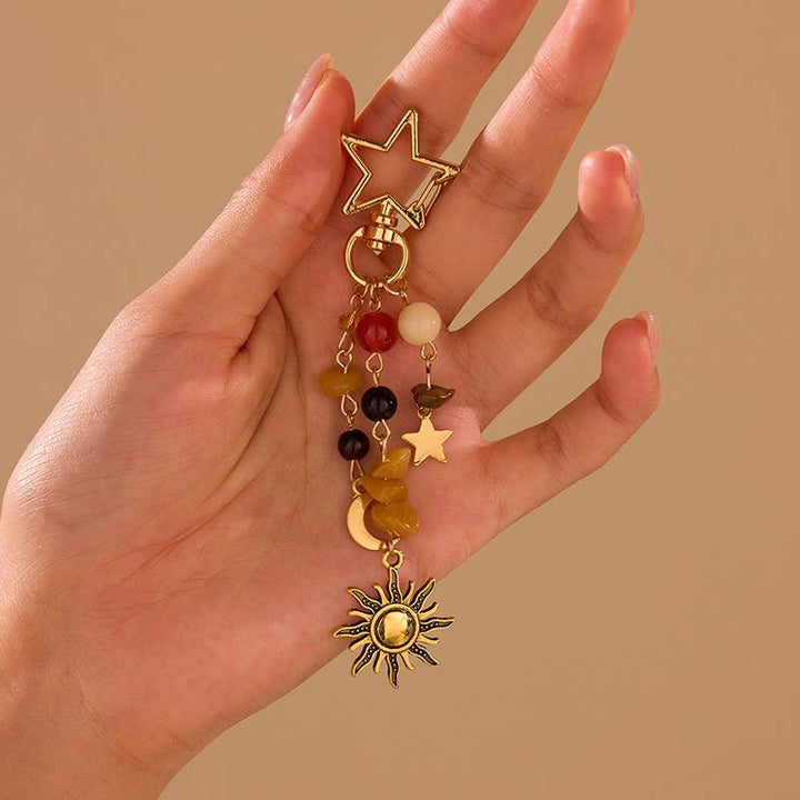 STAINLESS CELESTIAL SUN MOON STAR BEADED KEYCHAIN