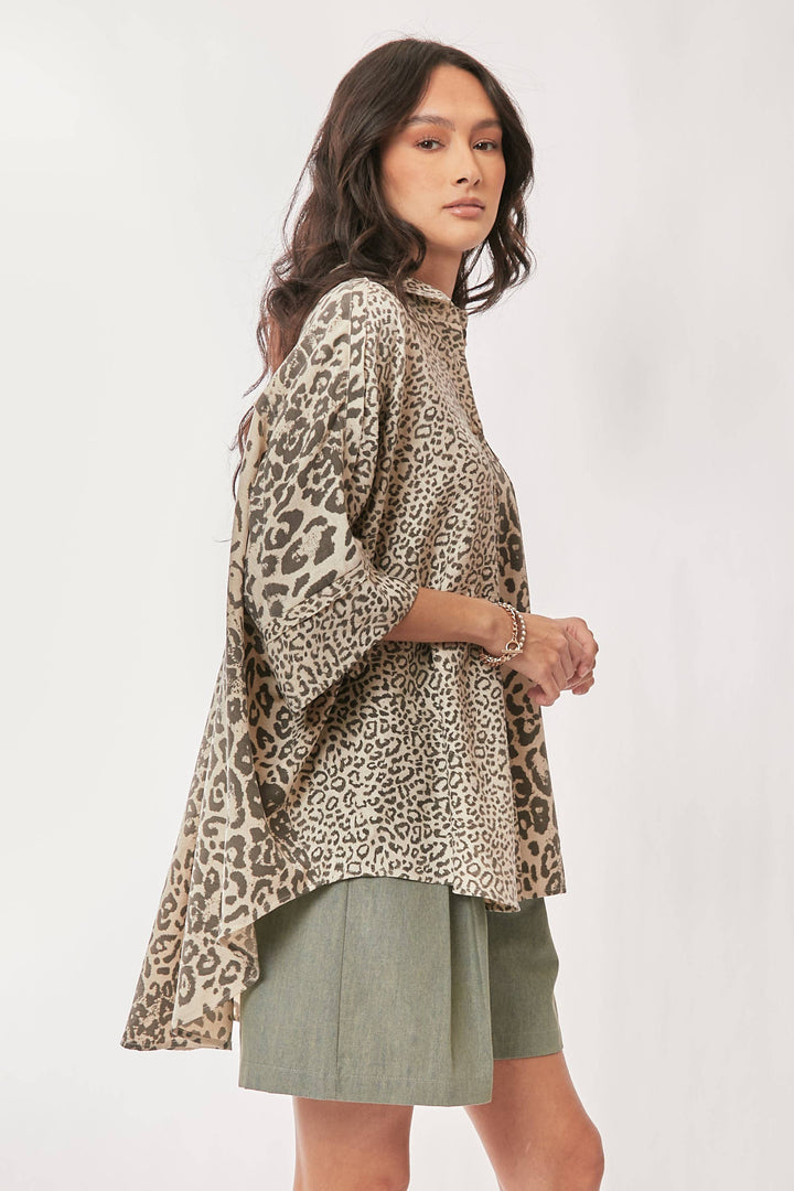Leopard Print Oversized High-Low Button-Down Shirt