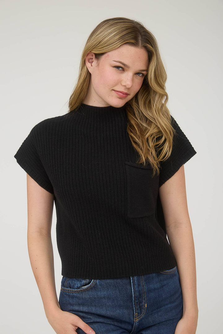 Women's Short Sleeve - MOCK NECK POCKET DETAIL SHORT SLEEVE KNIT SWEATER - - Cultured Cloths Apparel