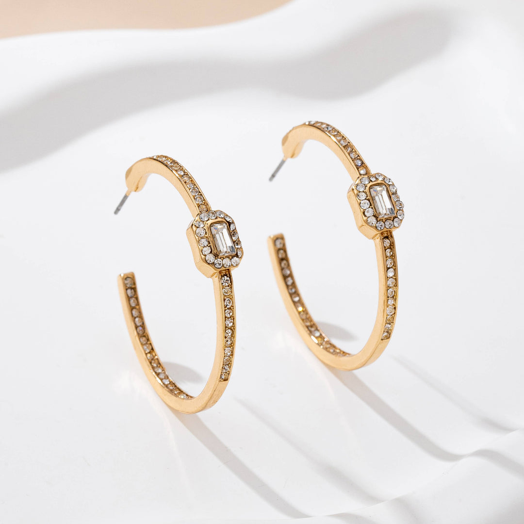 Accessories, Earrings - Solitaire Square Crystal Gold Hoop Earrings | 80E61752 - - Cultured Cloths Apparel