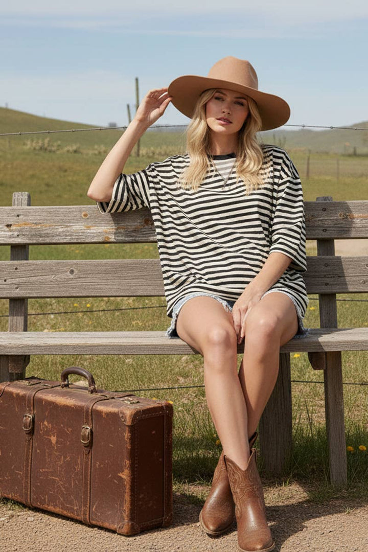 Women's Short Sleeve - STRIPED OVERSIZED SHORT SLEEVE TOP - - Cultured Cloths Apparel