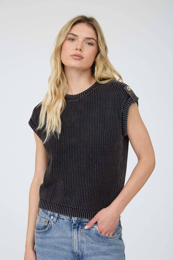 Women's Short Sleeve - ACID WASHED TAB SLEEVE BACK BUTTON KNIT TOP: CHARCOAL - - Cultured Cloths Apparel