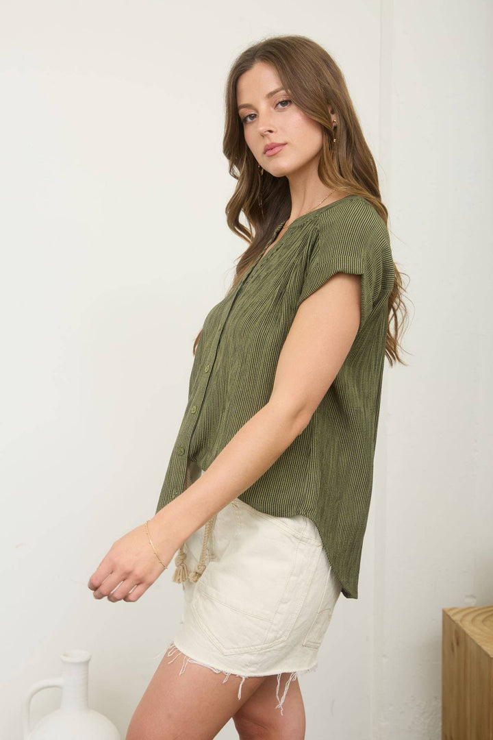 Women's Short Sleeve - PINSTRIPE SHORT CUFF SLEEVE BUTTON DOWN SHIRT - - Cultured Cloths Apparel