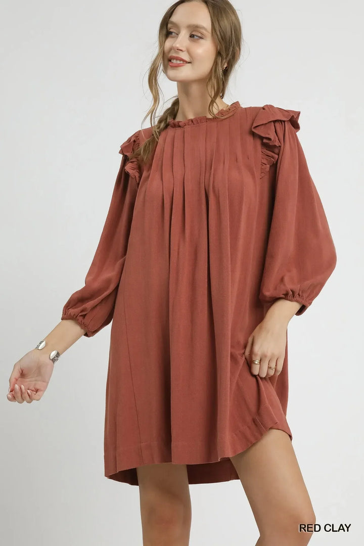 Women's Dresses - Umgee Linen Ruffle Shoulder Pleated Babydoll Dress - RED CLAY - Cultured Cloths Apparel
