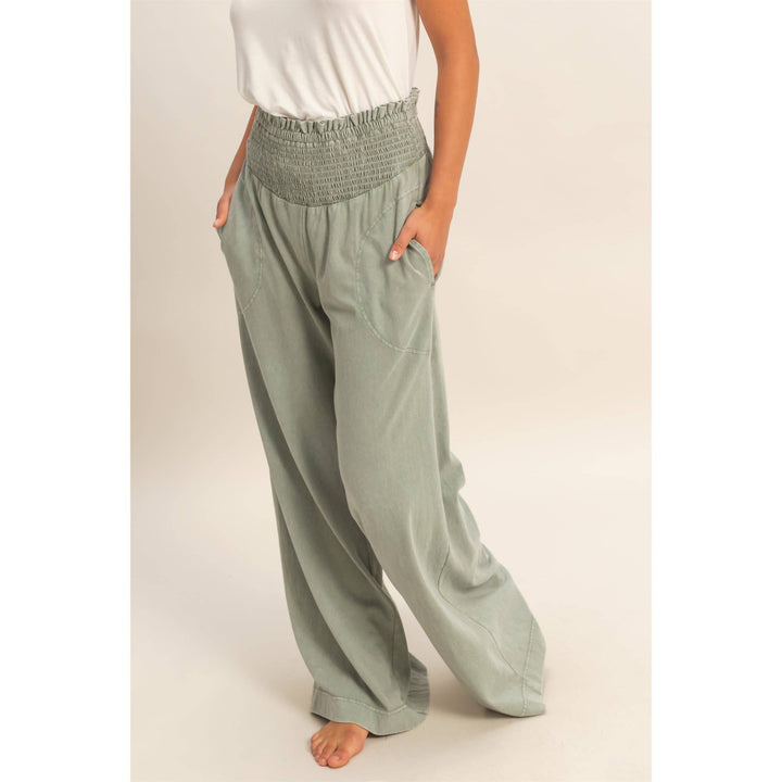 Mineral Washed Wide-Leg Smocked Waist Pants