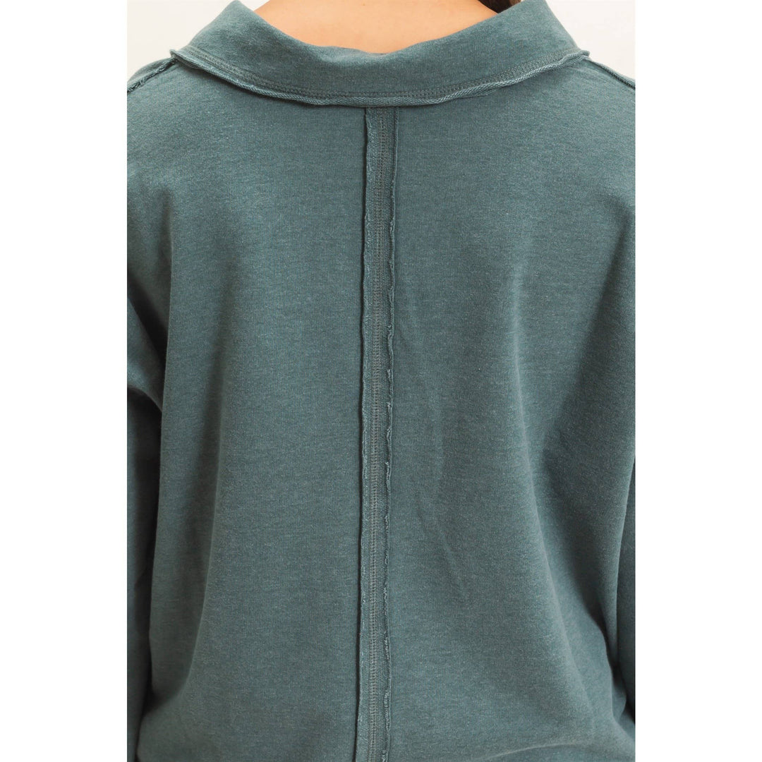Mineral Washed Polo Collar Long Sleeve Top