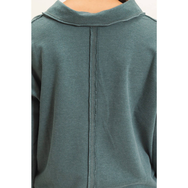 Mineral Washed Polo Collar Long Sleeve Top