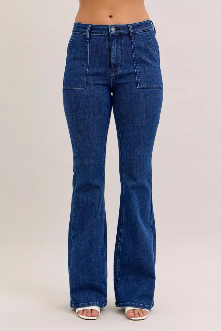 Denim - Judy Blue High Waist Flare Jeans with Front Patch Pockets - DK - Cultured Cloths Apparel