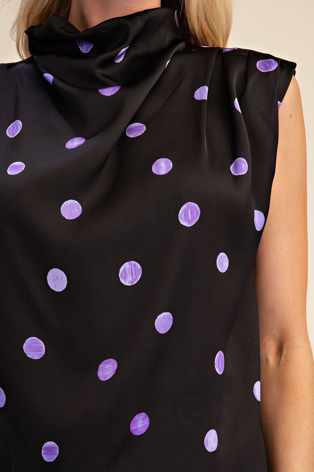 Cowl Mock Neck Pleats Shoulder Sleeveless Top Polka Dot