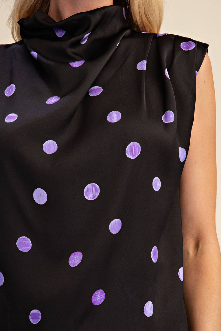 Cowl Mock Neck Pleats Shoulder Sleeveless Top Polka Dot