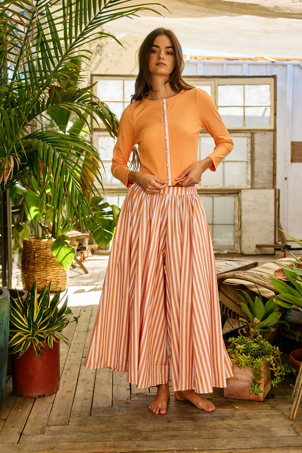 Contrast-Trim Button-Down Ribbed Top