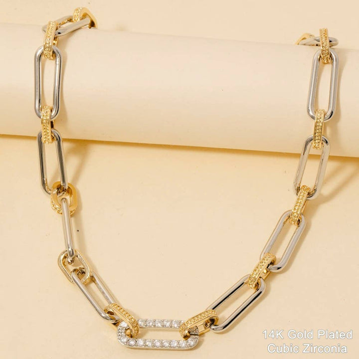Accessories, Necklaces - Two Tone Oval Classic Chain Cz Pave Link Classic Chain Necklace - T - Cultured Cloths Apparel
