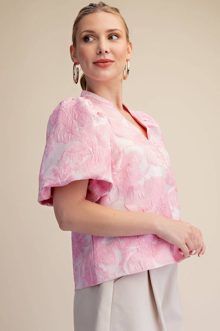 Women's Short Sleeve - V-Neck Puff Sleeve Jacquard Top - - Cultured Cloths Apparel