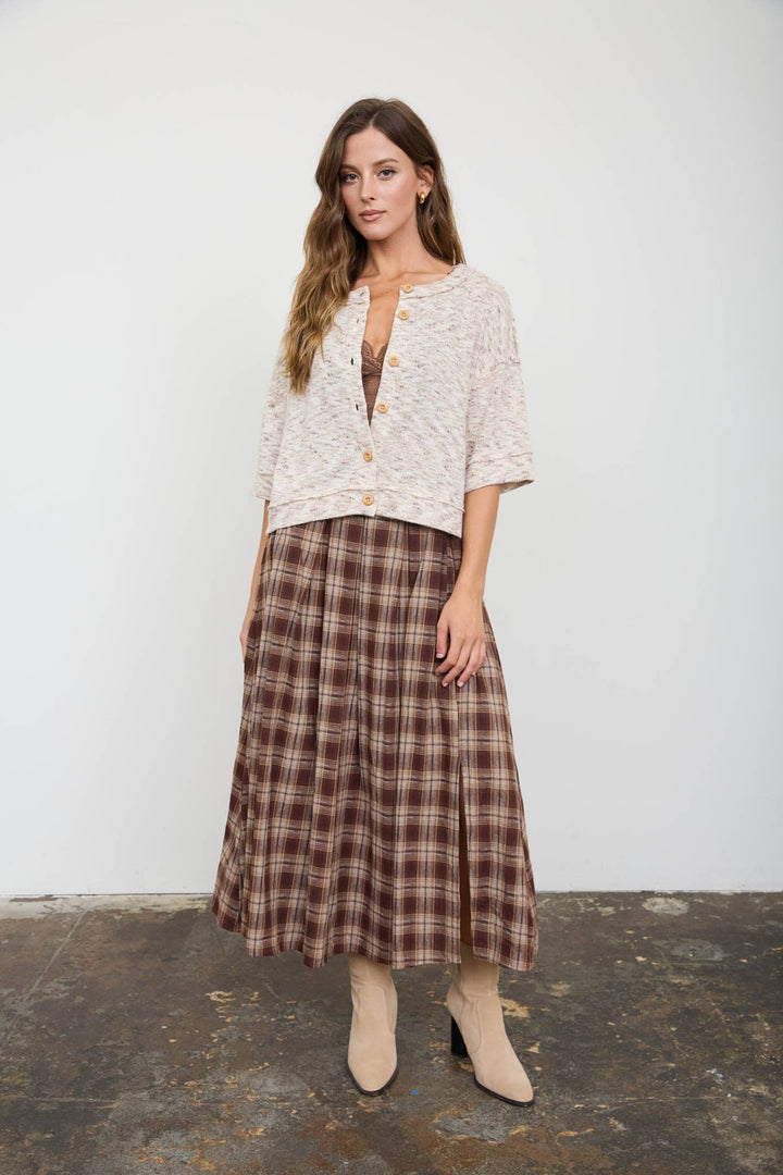 PLAID PLEATED SIDE SLIT MIDI SKIRT