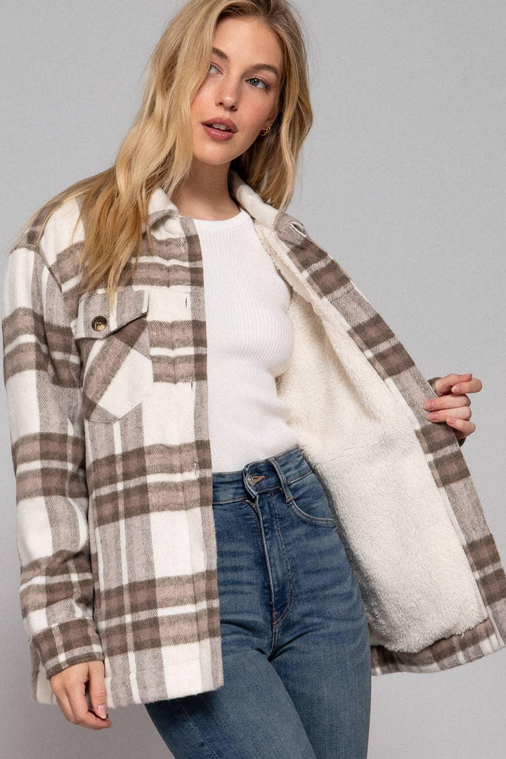 Outerwear - Long Sleeve Inside Faux Fur Brushed Plaid Jacket - - Cultured Cloths Apparel