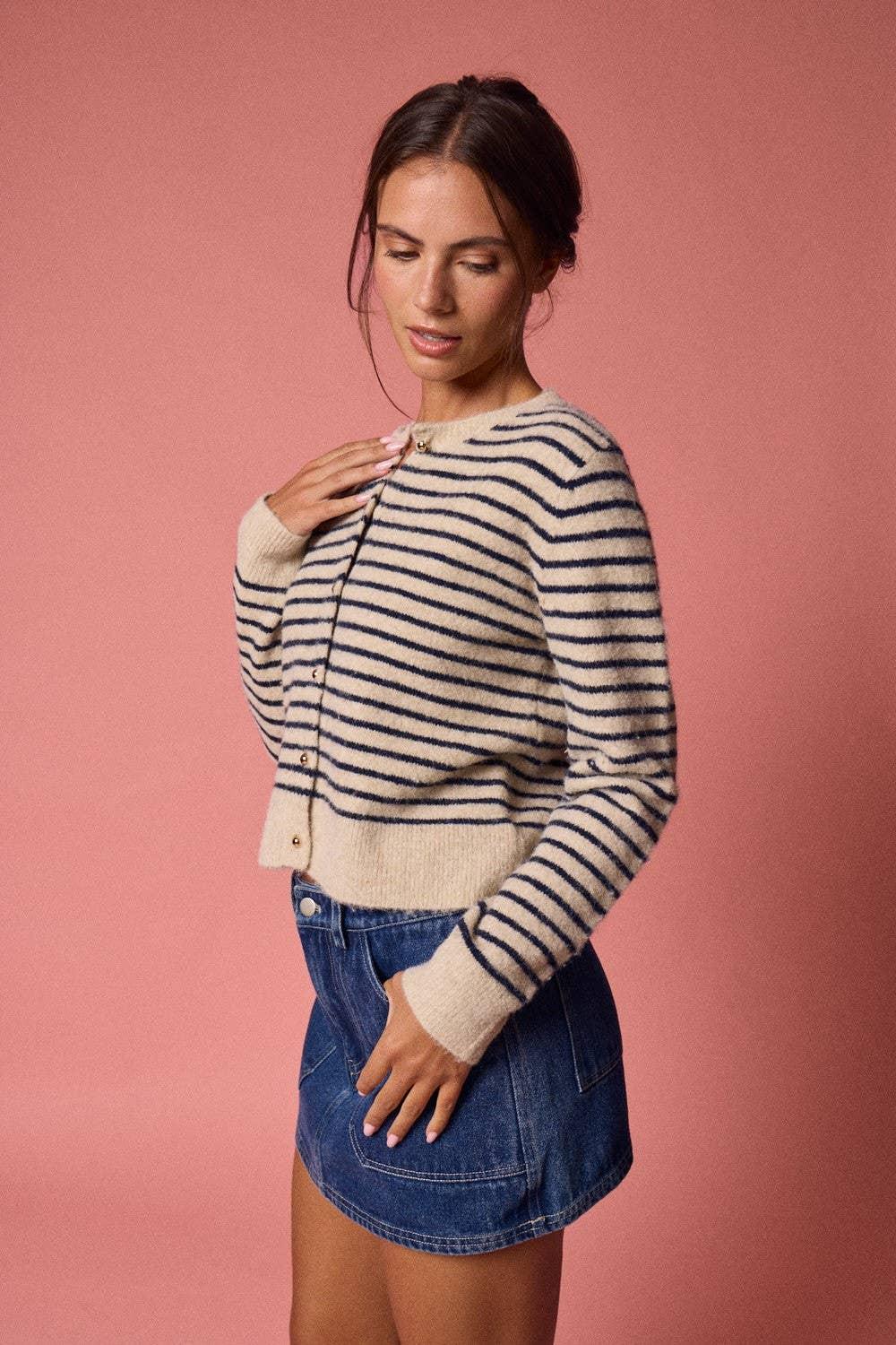 Women's Sweaters - Striped Button-Up Knit Cardigan - - Cultured Cloths Apparel