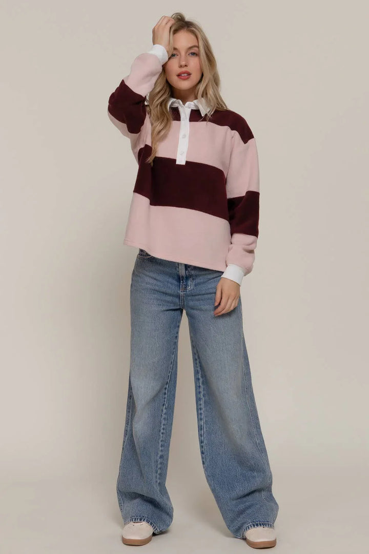 Women's Long Sleeve - Long Sleeve Rugby Stripe Fleece Polo Top - - Cultured Cloths Apparel