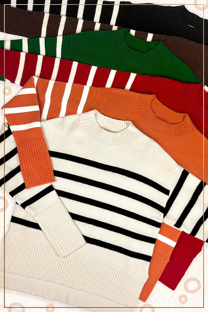 Striped Mock Neck Dolman Sleeve Loose Fit Sweater