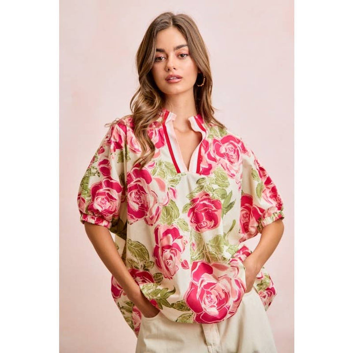 Women's Short Sleeve - Floral Contrast Banded Dolman Sleeves Blouse Top - - Cultured Cloths Apparel