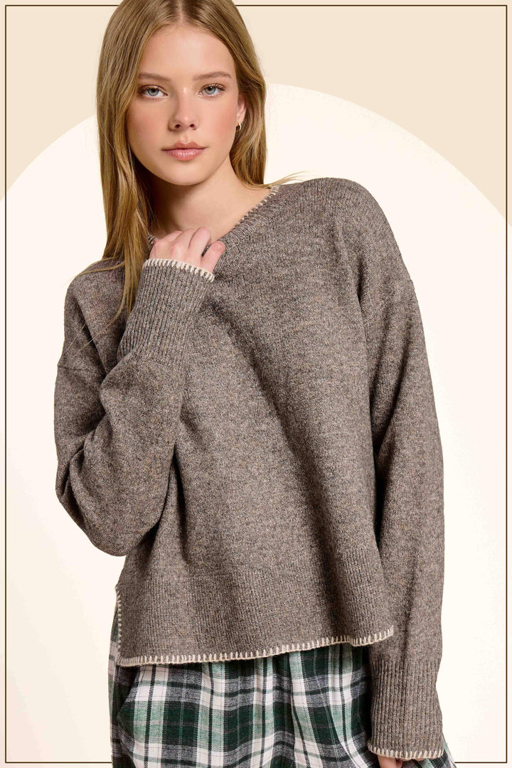 Hi-Low Crew Neck Sweater W/ Contrast Blanket Stitch