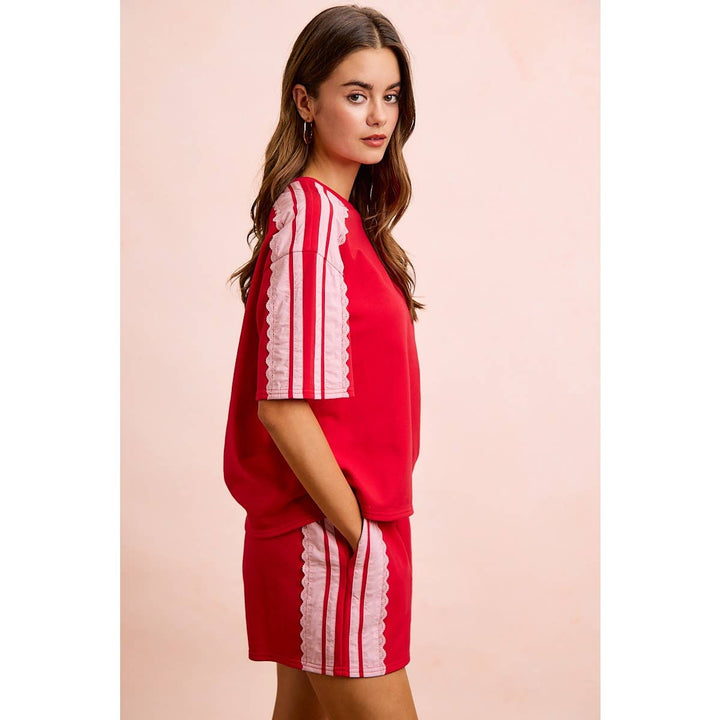 FRENCH TERRY SIDE LACE DETAIL SHORT SLEEVES TOP