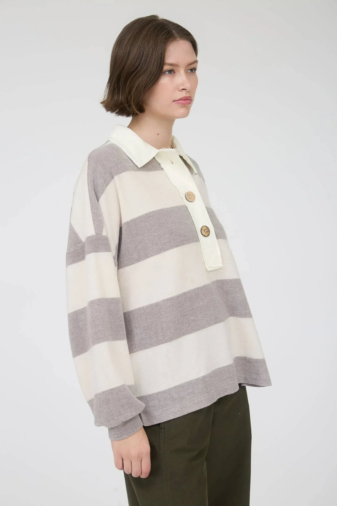 Women's Long Sleeve - WASHED STRIPE CONTRAST COLLAR LONG SLEEVE KNIT TOP - - Cultured Cloths Apparel