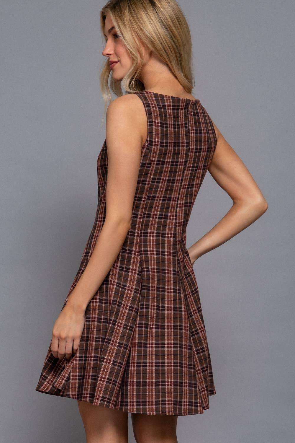 Women's Dresses - Sleeveless Boat Neck Swing Plaid Woven Mini Dress - - Cultured Cloths Apparel