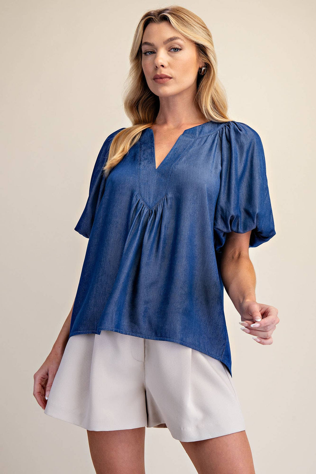 - V-Neck Placket Balloon Sleeve Top - - Cultured Cloths Apparel