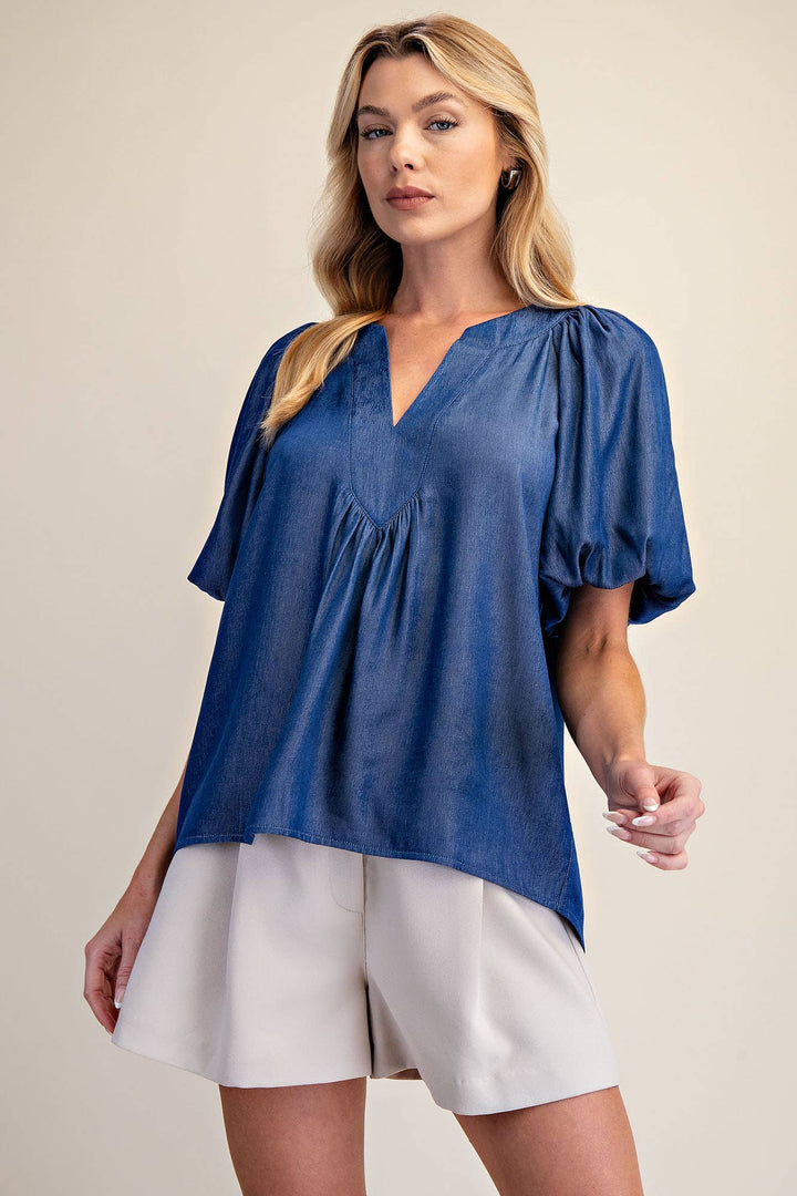 - V-Neck Placket Balloon Sleeve Top - - Cultured Cloths Apparel