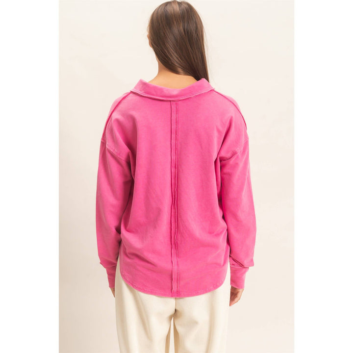 Mineral Washed Polo Collar Long Sleeve Top