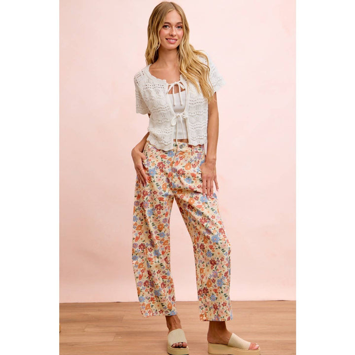 Pants - WASHED FLORAL PRINTED TWILL BARREL PANTS - - Cultured Cloths Apparel