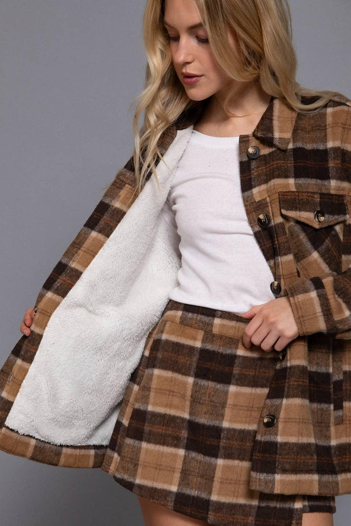 Outerwear - Long Sleeve Inside Faux Fur Brushed Plaid Jacket - - Cultured Cloths Apparel