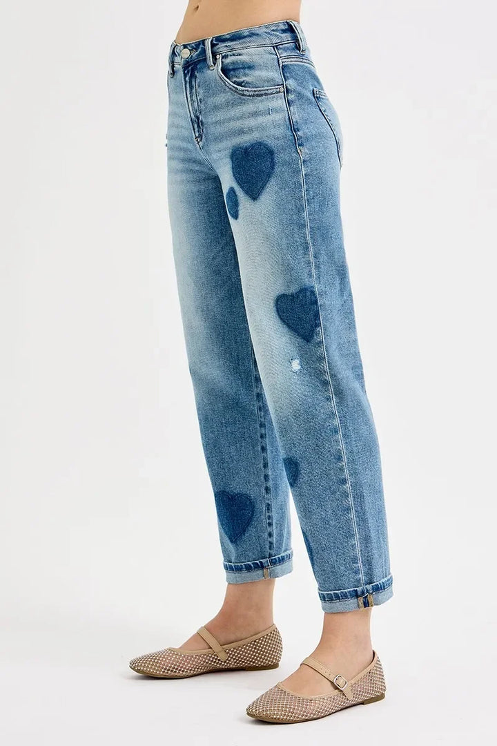Denim - RISEN Full Size Mid Rise Fit-boyfriend Heart Shade Jeans Plus Size - - Cultured Cloths Apparel